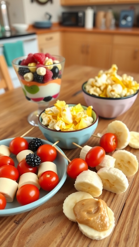 An assortment of quick snacks including yogurt parfait, popcorn, cheese skewers, and banana bites on a kitchen table.
